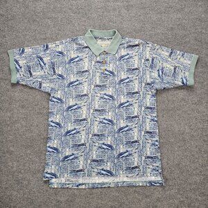American Fishing Tackle Polo Shirt Mens Medium Blue‎ Marlin Fish All Over Print